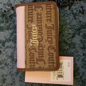 Juicy Couture Brown Logo Canvas Trifold Wallet with Pink Trim